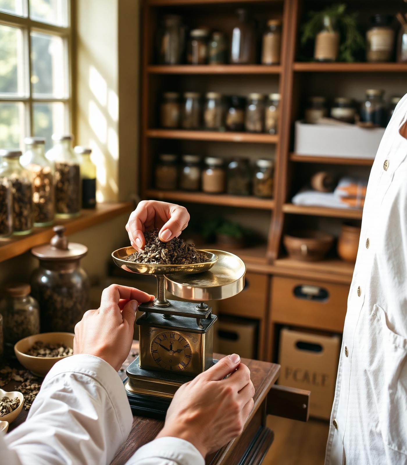 Herbalist weighing dried herbs on a brass scale